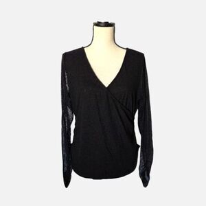NWT Status by Chenault XL Black Faux Wrap Top Sheer Geometric Mesh Ruched Side